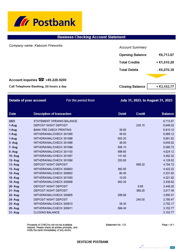 Download Deutsche Postbank corporate checking account statement Word and PDF template Photoshop template